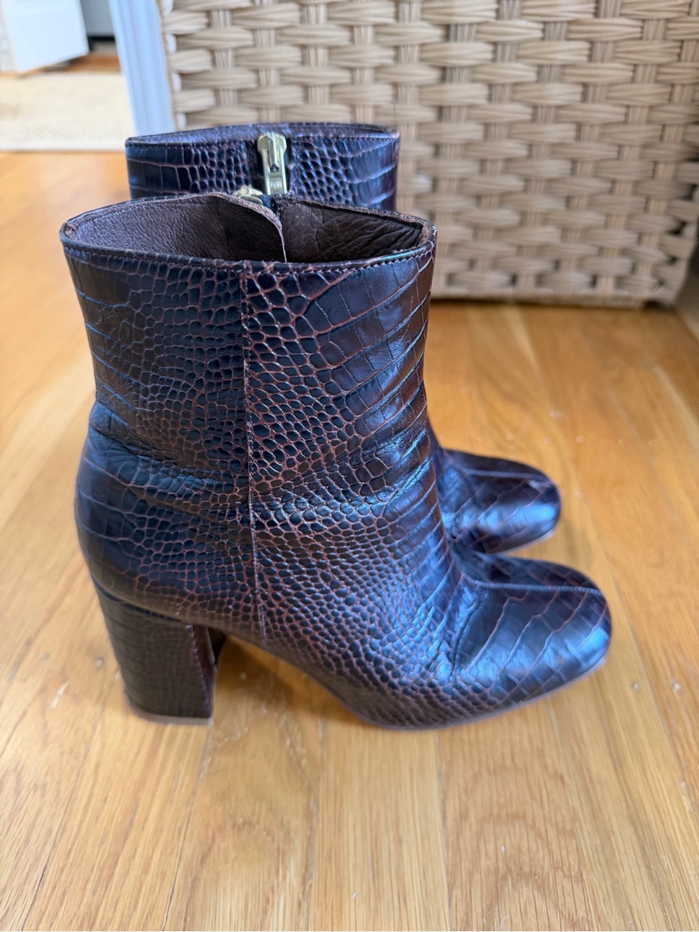 J. Crew Brown Croc-Embossed Leather Block Heel Ankle Boots